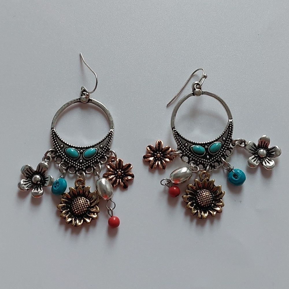 Boho Chic Multi Charm Dangle Earrings Tri Tone Metal and Faux Turquoise